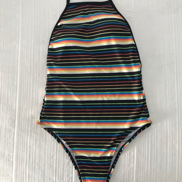 New Striped Halter Retro One Piece Swim Body Suit - Picture 3 of 7